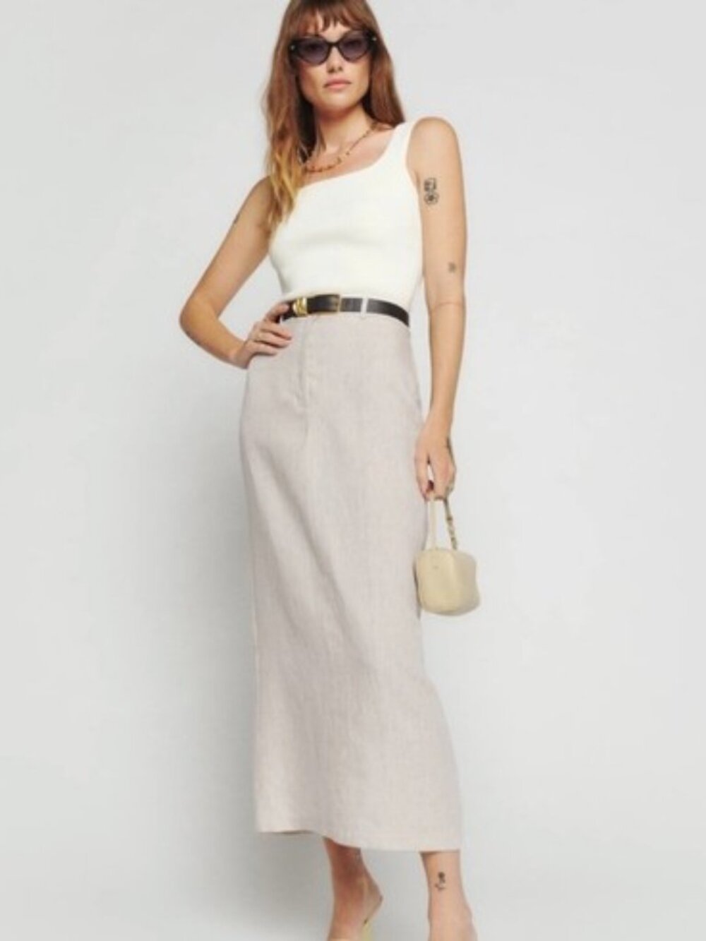 Reformation Gia Linen Midi Skirt Women Size 2 Oatmeal Beige